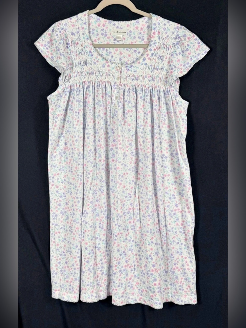 Miss Elaine Floral Smocked Nightgown L White & Pink Like New Soft Cozy Tradition